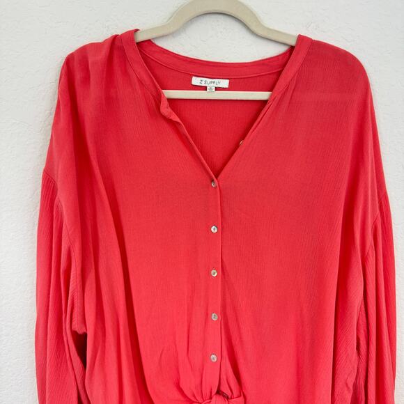 Z Supply Womens Clarissa Crinkle Top Blouse Size XL Button Up Rayon Coral Orange - Picture 4 of 9